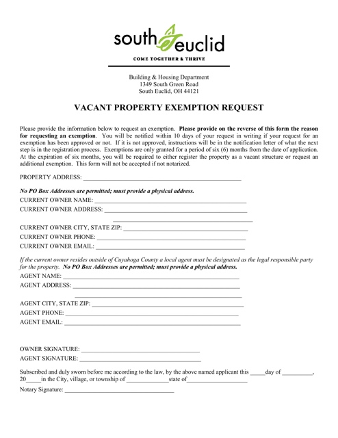 Vacant Property Exemption Request - City of South Euclid, Ohio