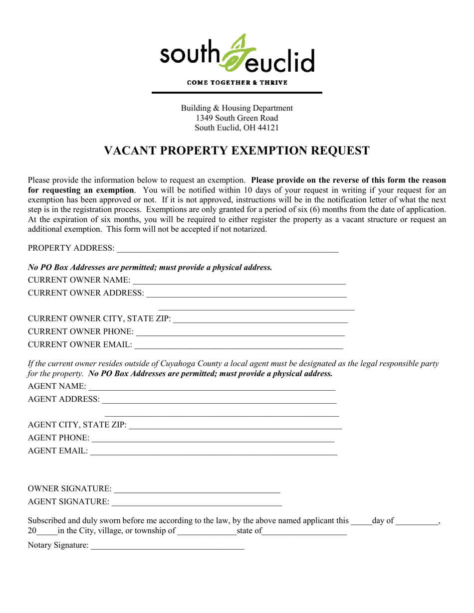 City of South Euclid, Ohio Vacant Property Exemption Request Fill Out