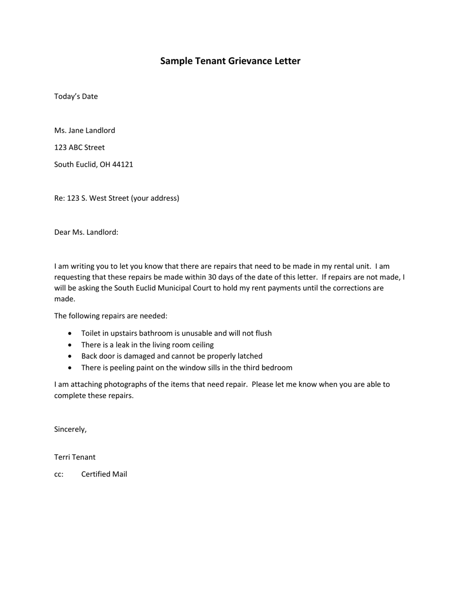 Sample Tenant Grievance Letter - City of South Euclid, Ohio, Page 1