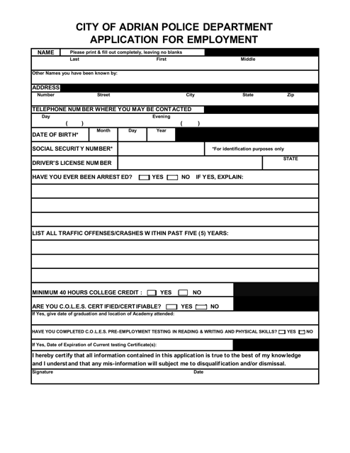 Application for Employment - City of Adrian, Michigan