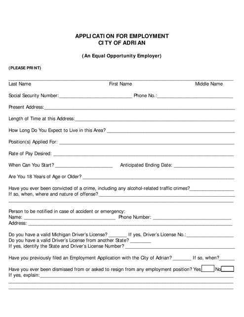 Application for Employment - City of Adrian, Michigan
