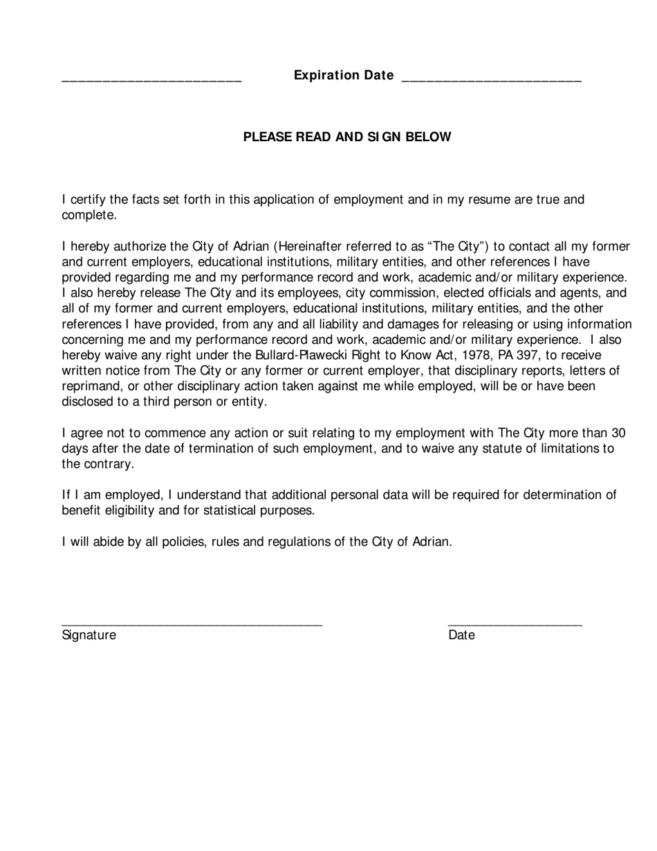 City of Adrian, Michigan Application for Employment Fill Out, Sign Online and Download PDF