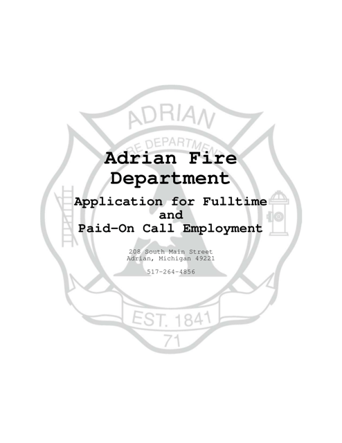 Application for Fulltime and Paid-On Call Employment - City of Adrian, Michigan