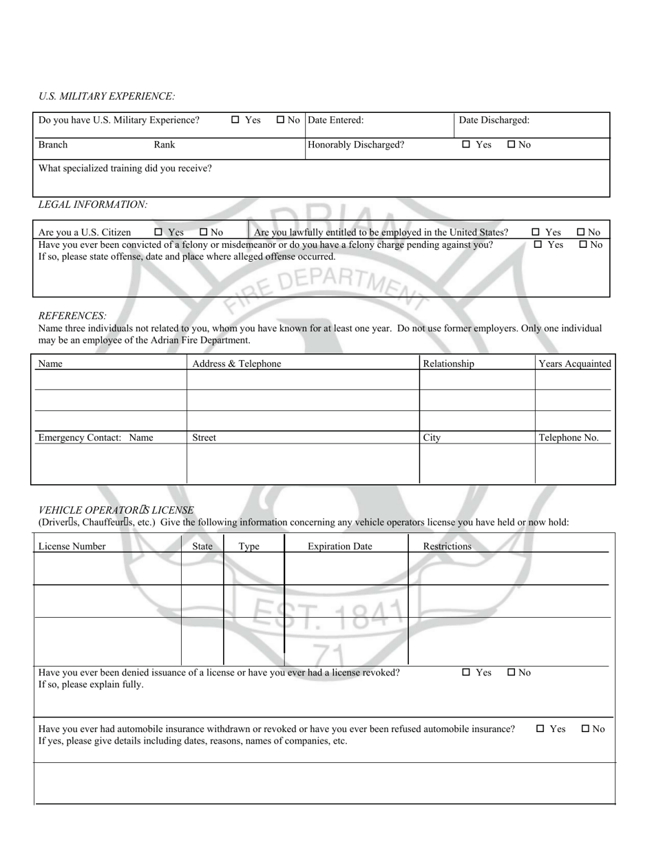City of Adrian, Michigan Application for Fulltime and PaidOn Call