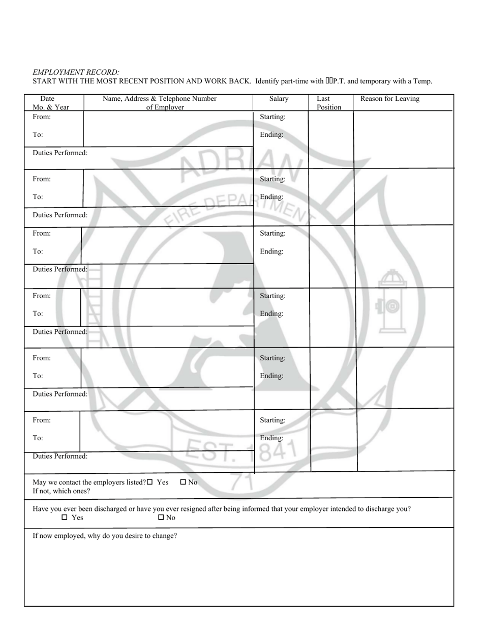 City of Adrian, Michigan Application for Fulltime and PaidOn Call