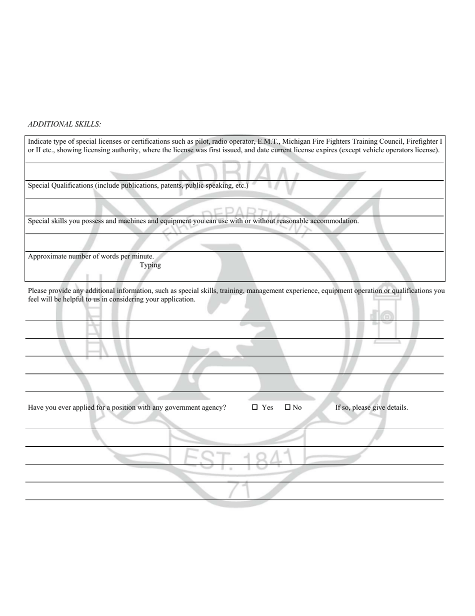 City of Adrian, Michigan Application for Fulltime and PaidOn Call Employment Fill Out, Sign