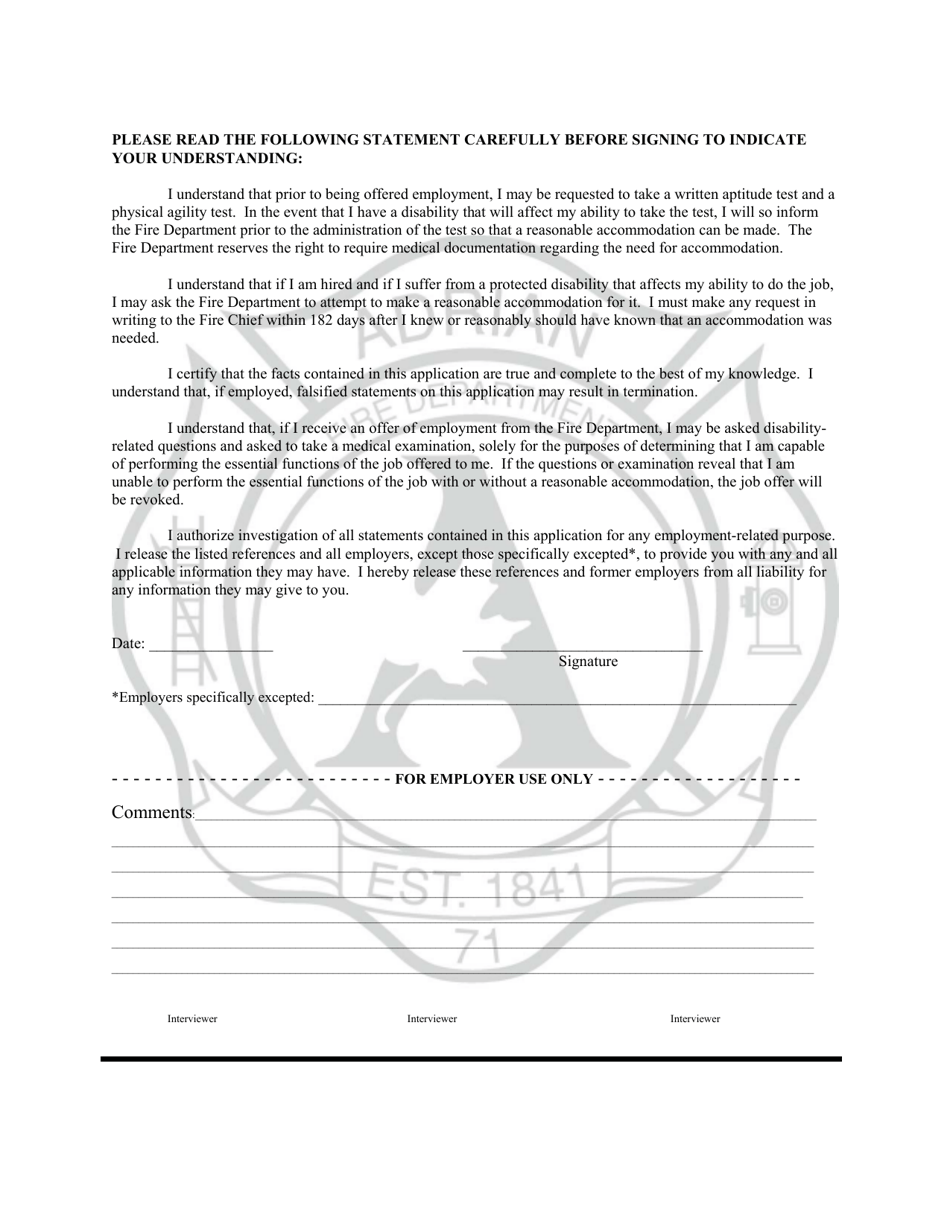 City of Adrian, Michigan Application for Fulltime and PaidOn Call Employment Fill Out, Sign