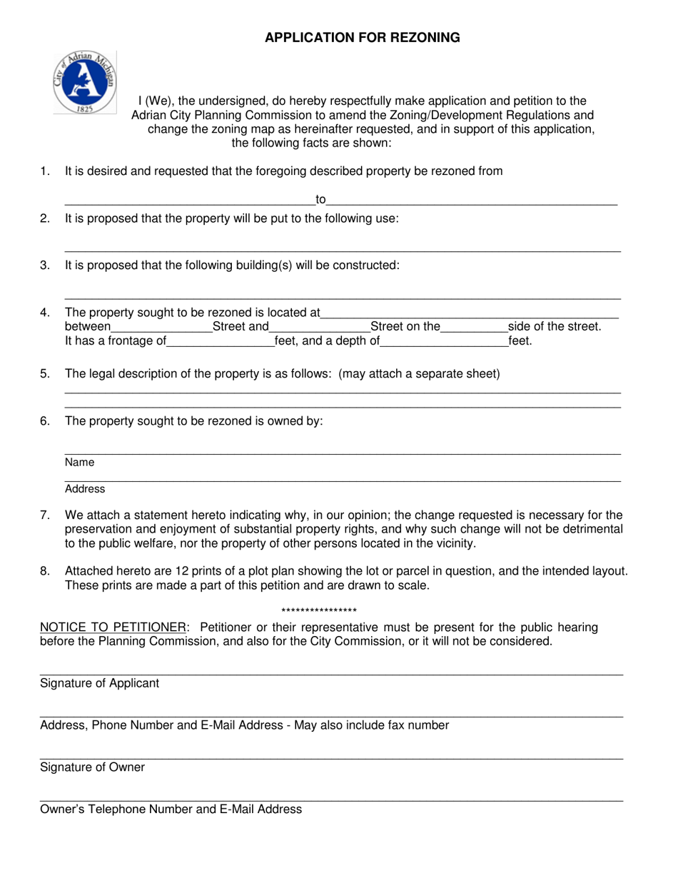 City of Adrian, Michigan Application for Rezoning - Fill Out, Sign ...