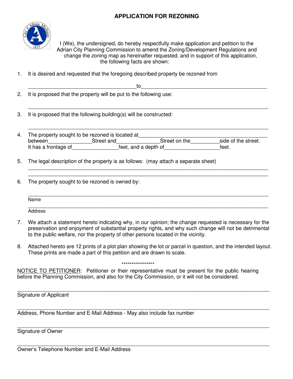 Application for Rezoning - City of Adrian, Michigan, Page 1