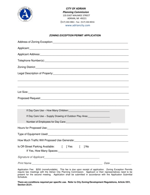 Zoning Exception Permit Application - City of Adrian, Michigan Download Pdf