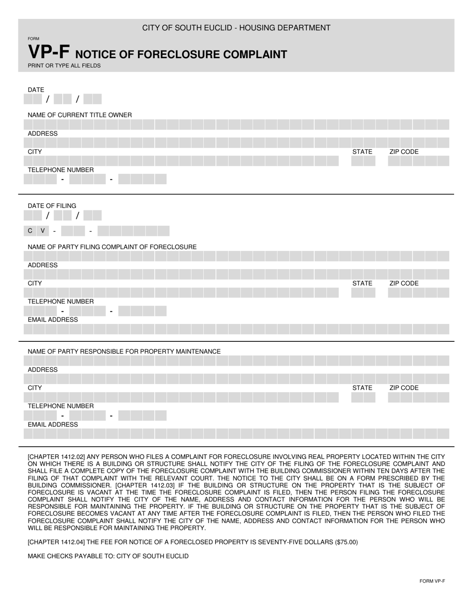 Form VP-F Notice of Foreclosure Complaint - City of South Euclid, Ohio, Page 1