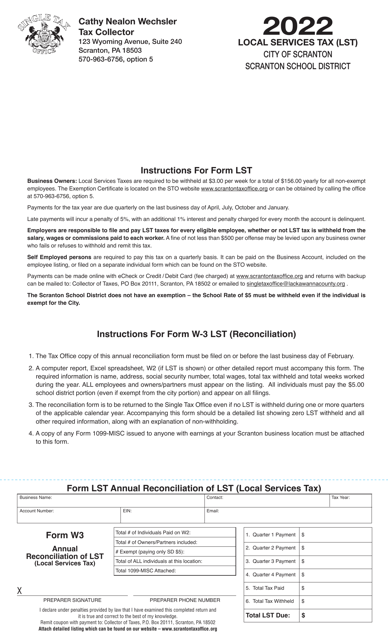 Form LST (W-3 LST) Annual Reconciliation of Lst (Local Services Tax) - City of Scranton, Pennsylvania, 2022