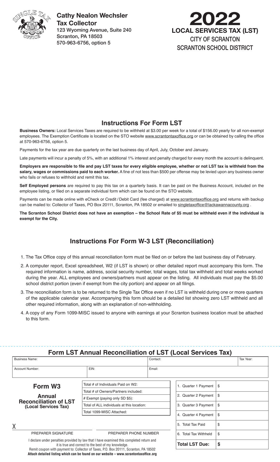 Form LST (W-3 LST) Annual Reconciliation of Lst (Local Services Tax) - City of Scranton, Pennsylvania, Page 1