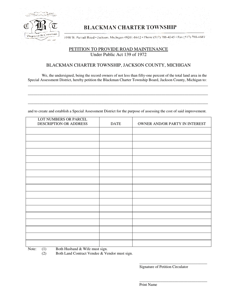 Petition to Provide Road Maintenance - Blackman Charter Township, Michigan, Page 1