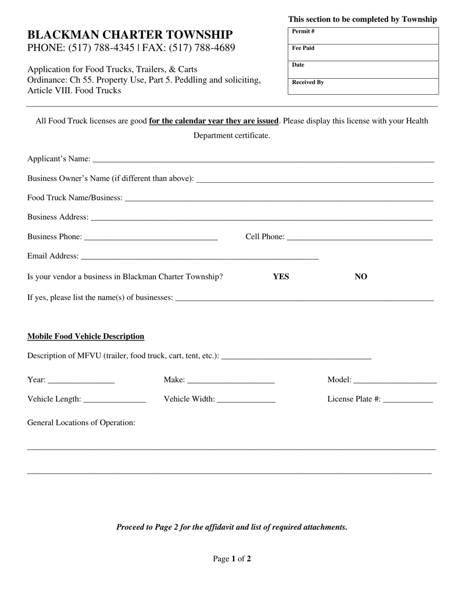 Application for Food Trucks, Trailers,  Carts - Blackman Charter Township, Michigan, Page 1