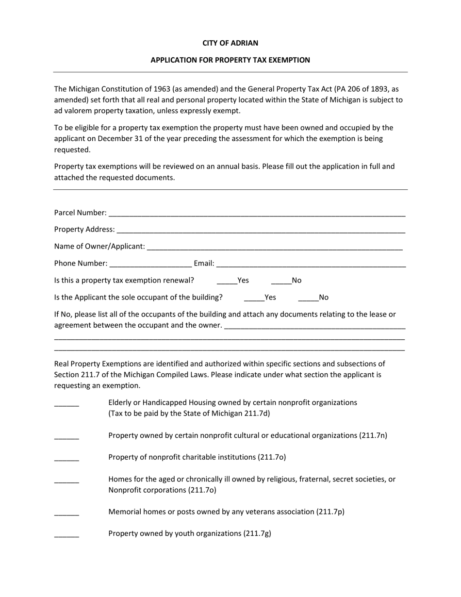 Application for Property Tax Exemption - City of Adrian, Michigan, Page 1