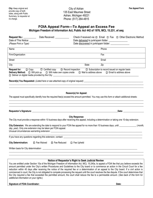 Foia Appeal Form to Appeal an Excess Fee - City of Adrian, Michigan
