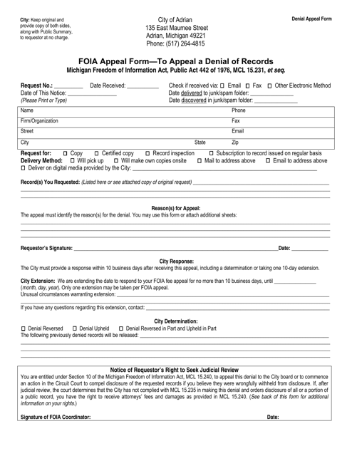 Foia Appeal Form to Appeal a Denial of Records - City of Adrian, Michigan
