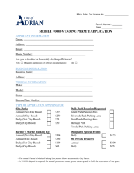 Document preview: Mobile Food Vending Permit Application - City of Adrian, Michigan