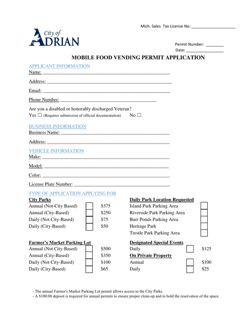 Mobile Food Vending Permit Application - City of Adrian, Michigan Download Pdf