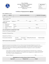 Document preview: Certificate of Appropriateness Application - Historic District Commission - City of Adrian, Michigan