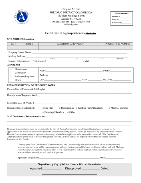 Certificate of Appropriateness Application - Historic District Commission - City of Adrian, Michigan Download Pdf