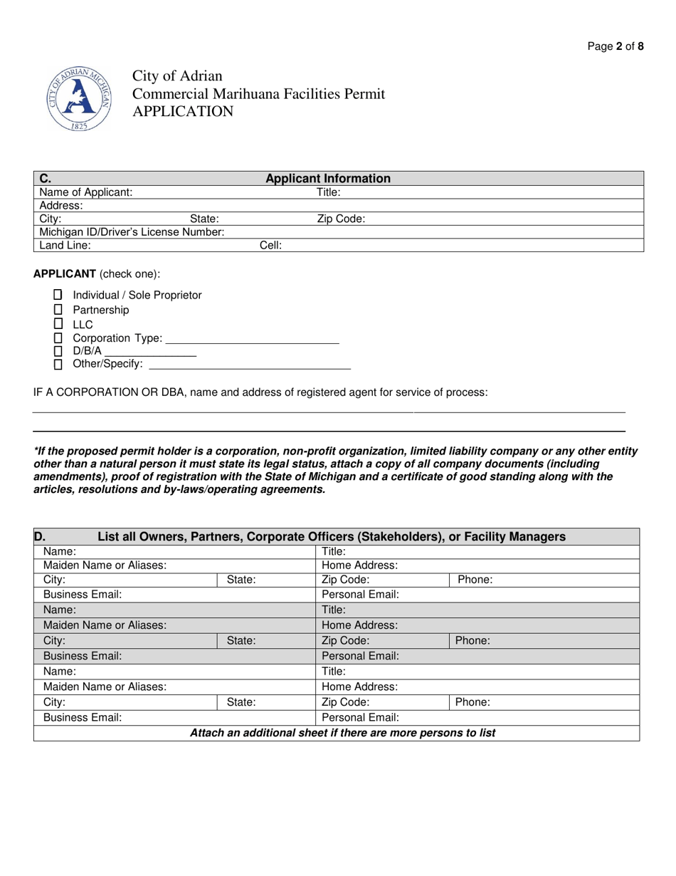 Commercial Marihuana Facilities Permit Application - City of Adrian, Michigan, Page 3