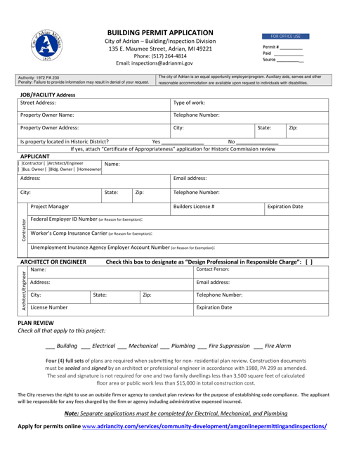 City of Adrian, Michigan Building Permit Application Fill Out, Sign