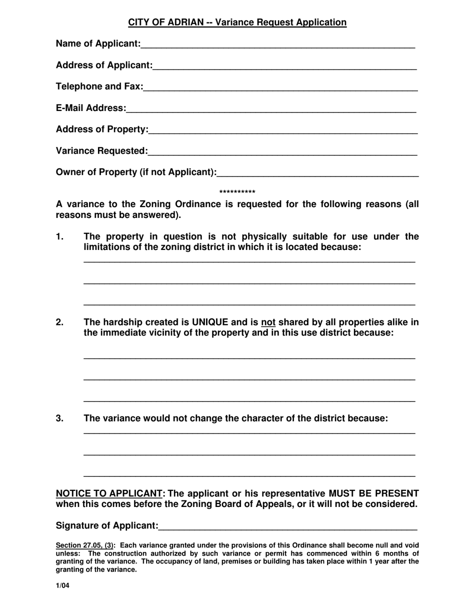 Variance Request Application - City of Adrian, Michigan, Page 1