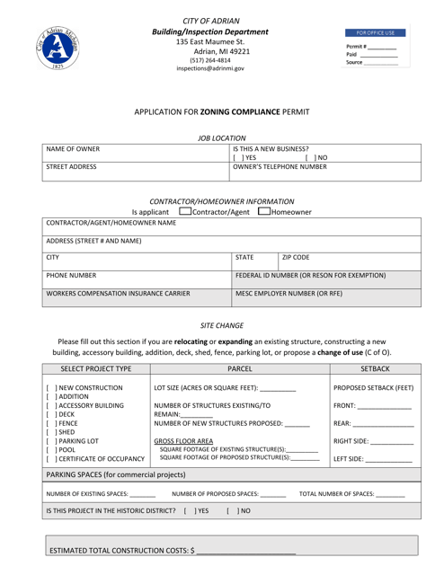 Application for Zoning Compliance Permit - City of Adrian, Michigan Download Pdf
