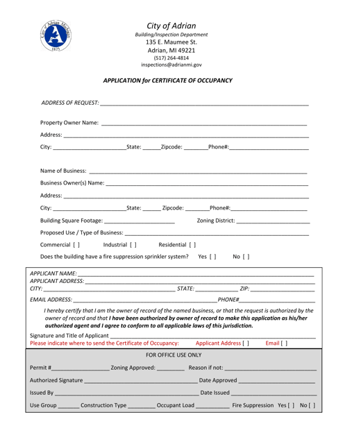 Application for Certificate of Occupancy - City of Adrian, Michigan Download Pdf