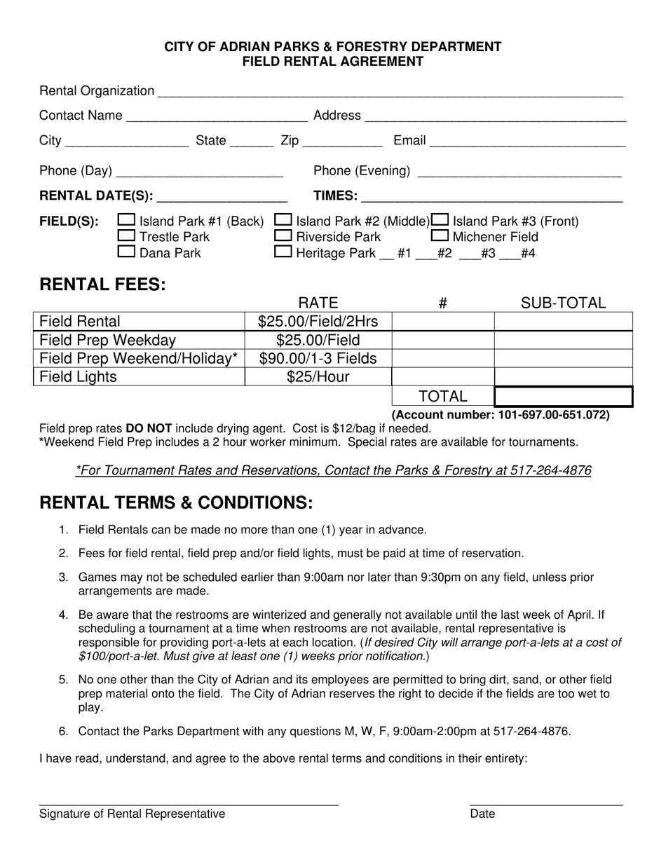 Field Rental Agreement - City of Adrian, Michigan, Page 1
