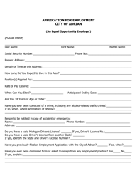 Document preview: Seasonal Application for Employment - City of Adrian, Michigan