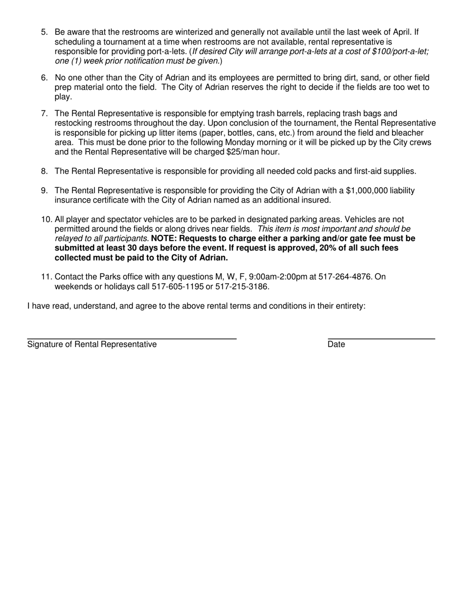Island Park Tournatment Field Rental Agreement - City of Adrian, Michigan, Page 2