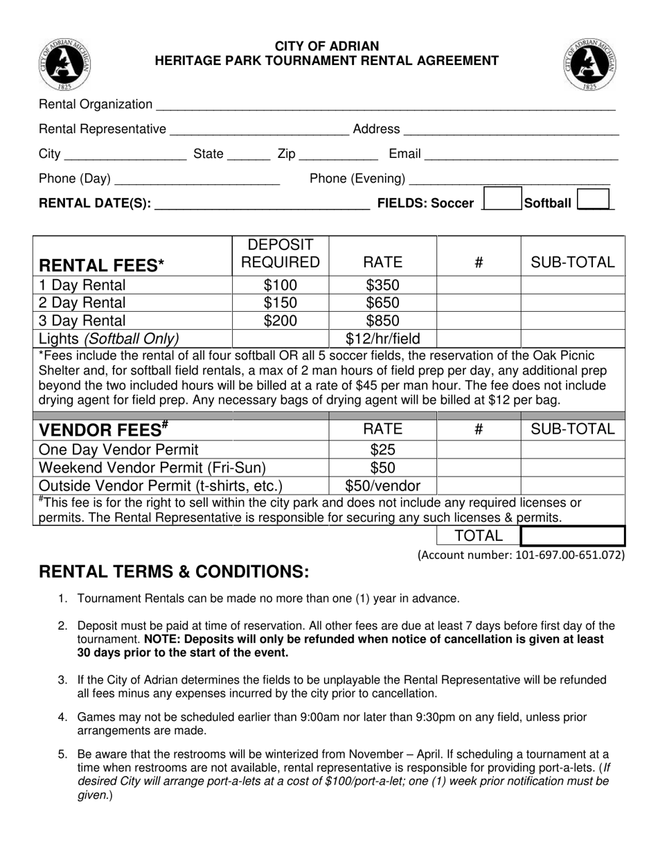 Heritage Park Tournament Rental Agreement - City of Adrian, Michigan, Page 1