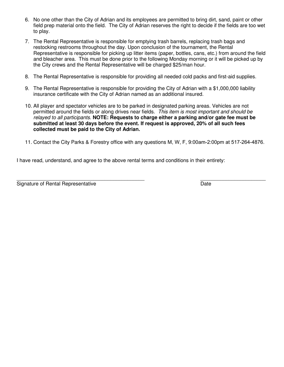 Heritage Park Tournament Rental Agreement - City of Adrian, Michigan, Page 2