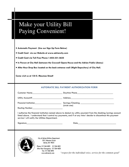 Automatic Bill Payment Authorization Form - City of Adrian, Michigan