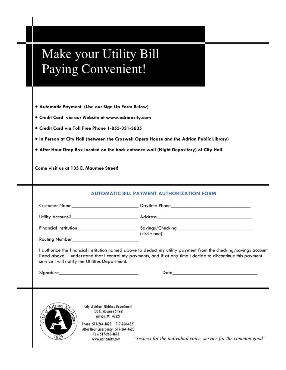 Automatic Bill Payment Authorization Form - City of Adrian, Michigan, Page 1