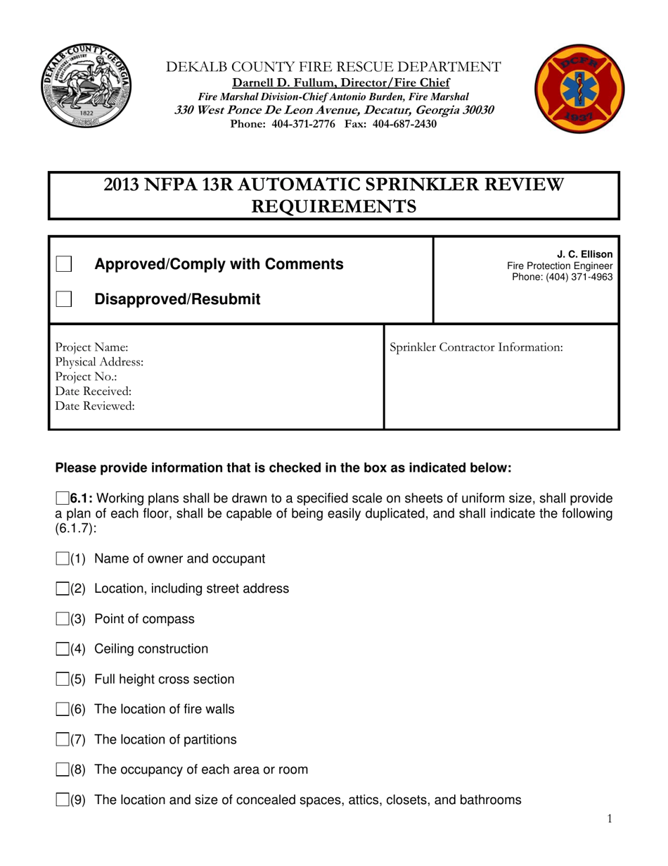 2013 NFPA 13r Automatic Sprinkler Review Requirements - DeKalb County, Georgia (United States), Page 1