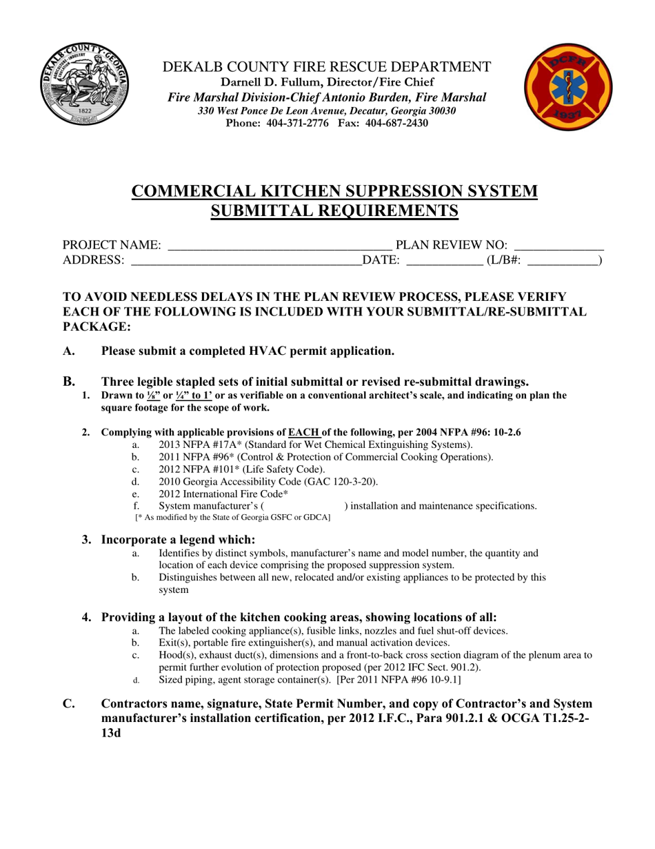 Commercial Kitchen Suppression System Submittal Requirements - DeKalb County, Georgia (United States), Page 1
