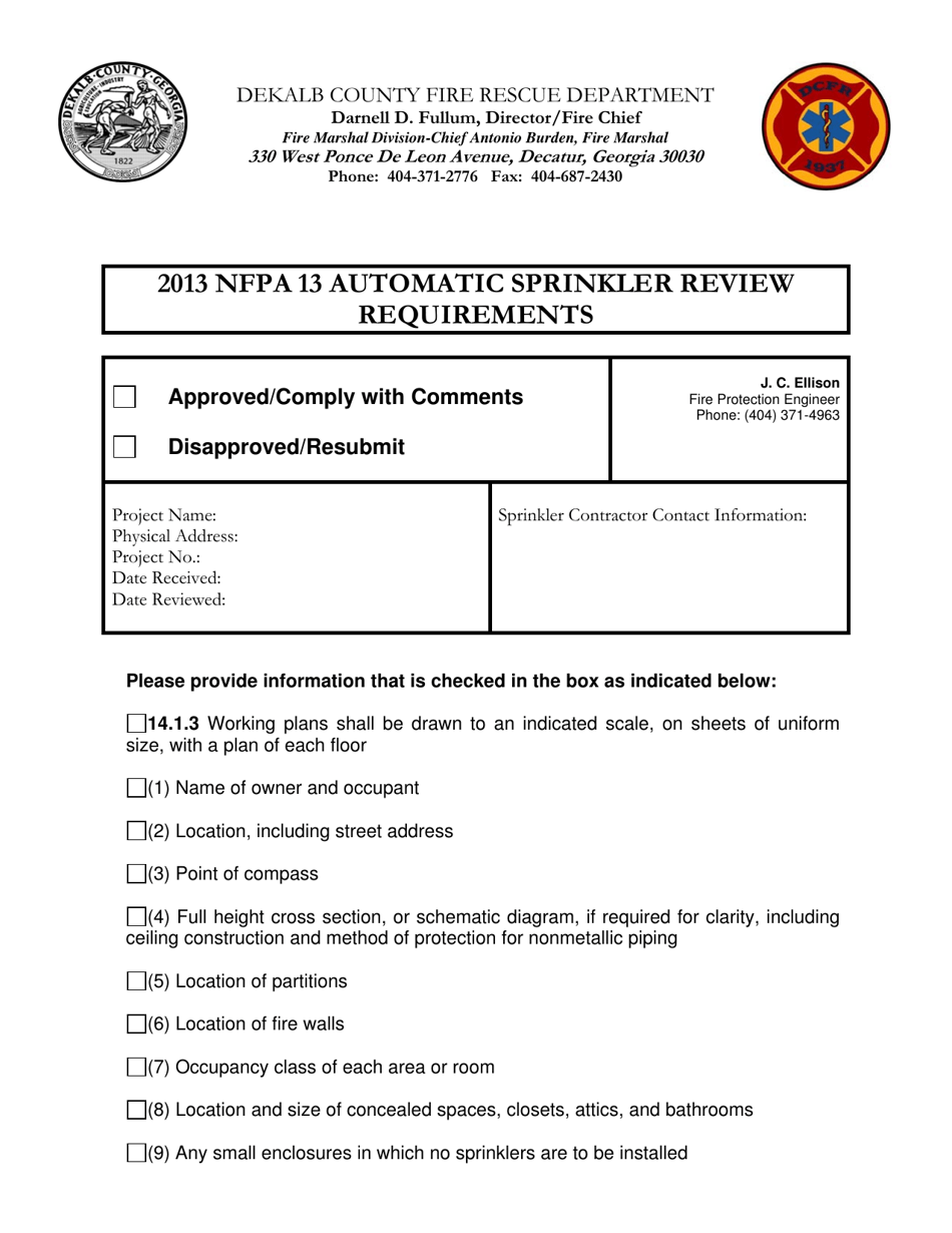 2013 NFPA 13 Automatic Sprinkler Review Requirements - DeKalb County, Georgia (United States), Page 1