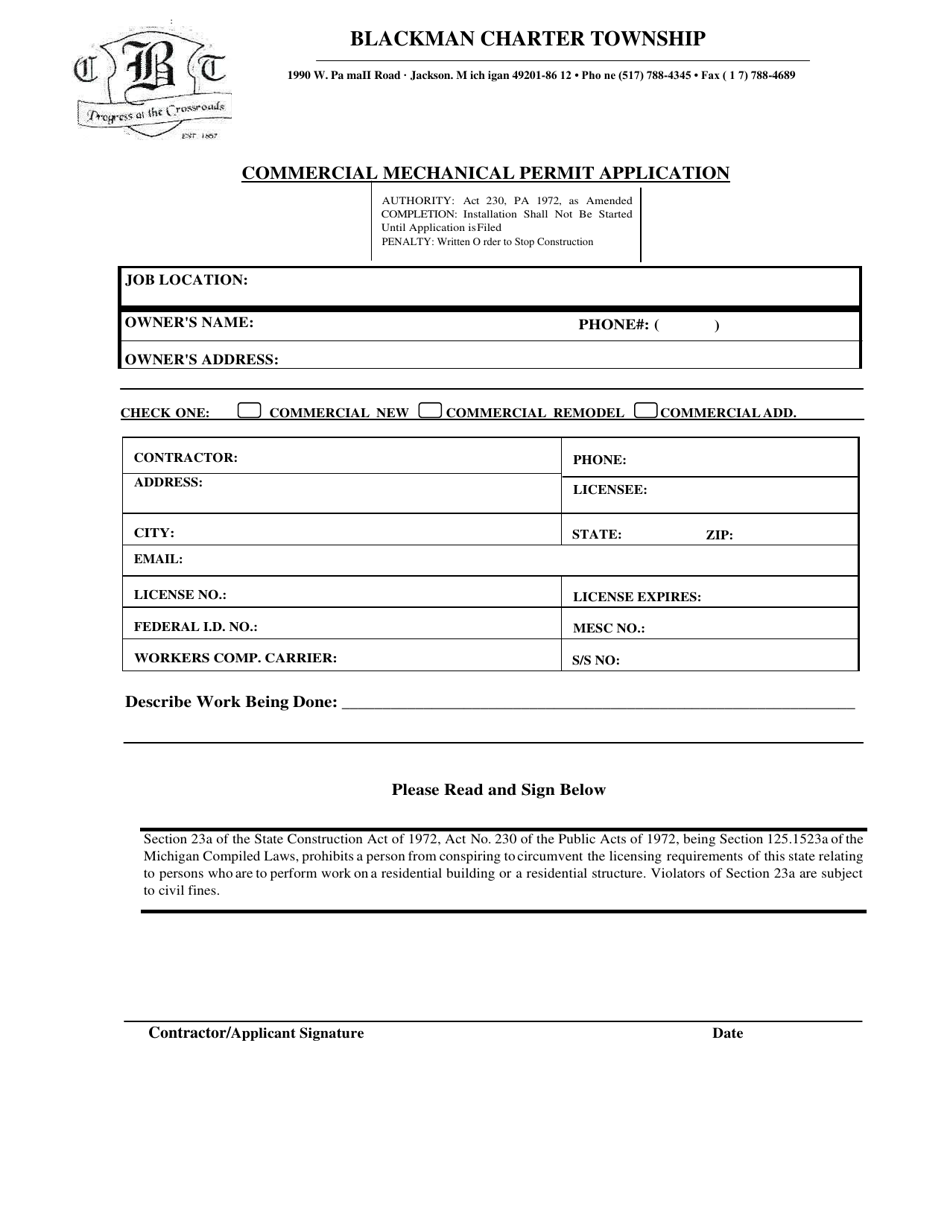 Commercial Mechanical Permit Application - Blackman Charter Township, Michigan, Page 1