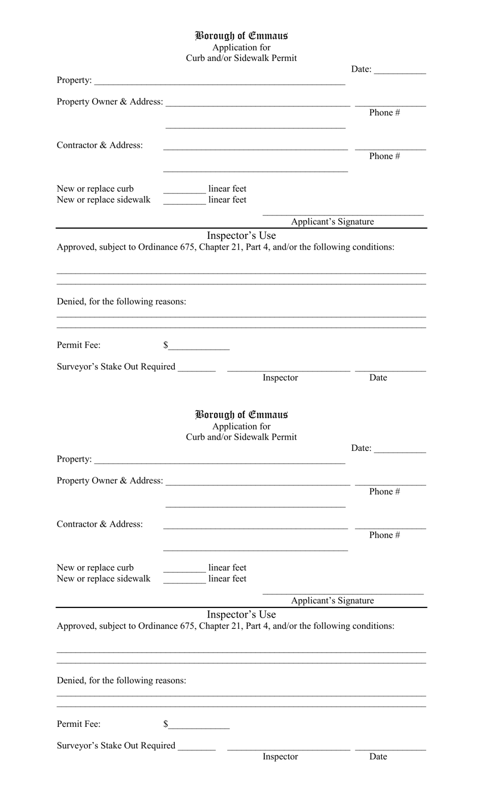 Application for Curb and / or Sidewalk Permit - Borough of Emmaus, Pennsylvania, Page 1