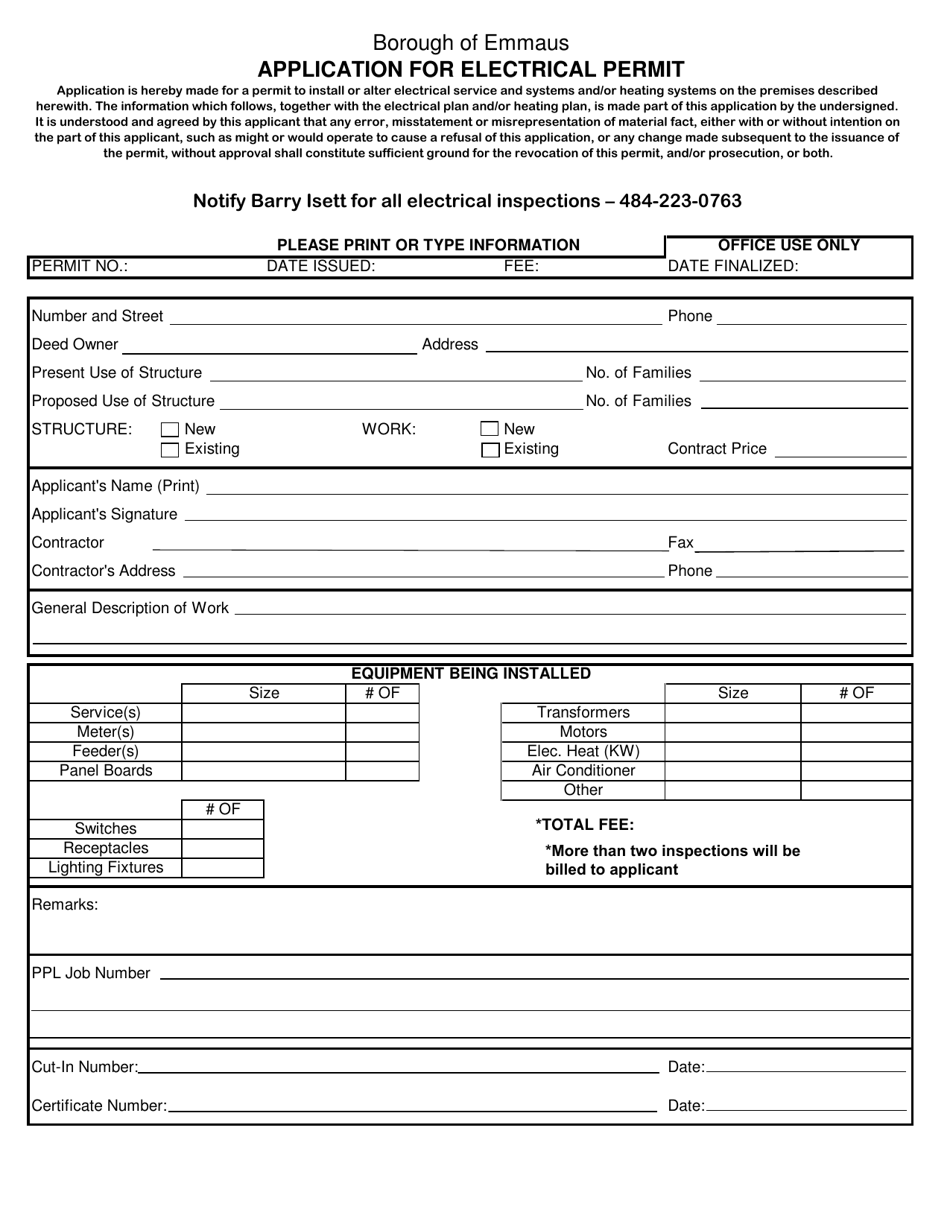 Application for Electrical Permit - Borough of Emmaus, Pennsylvania, Page 1