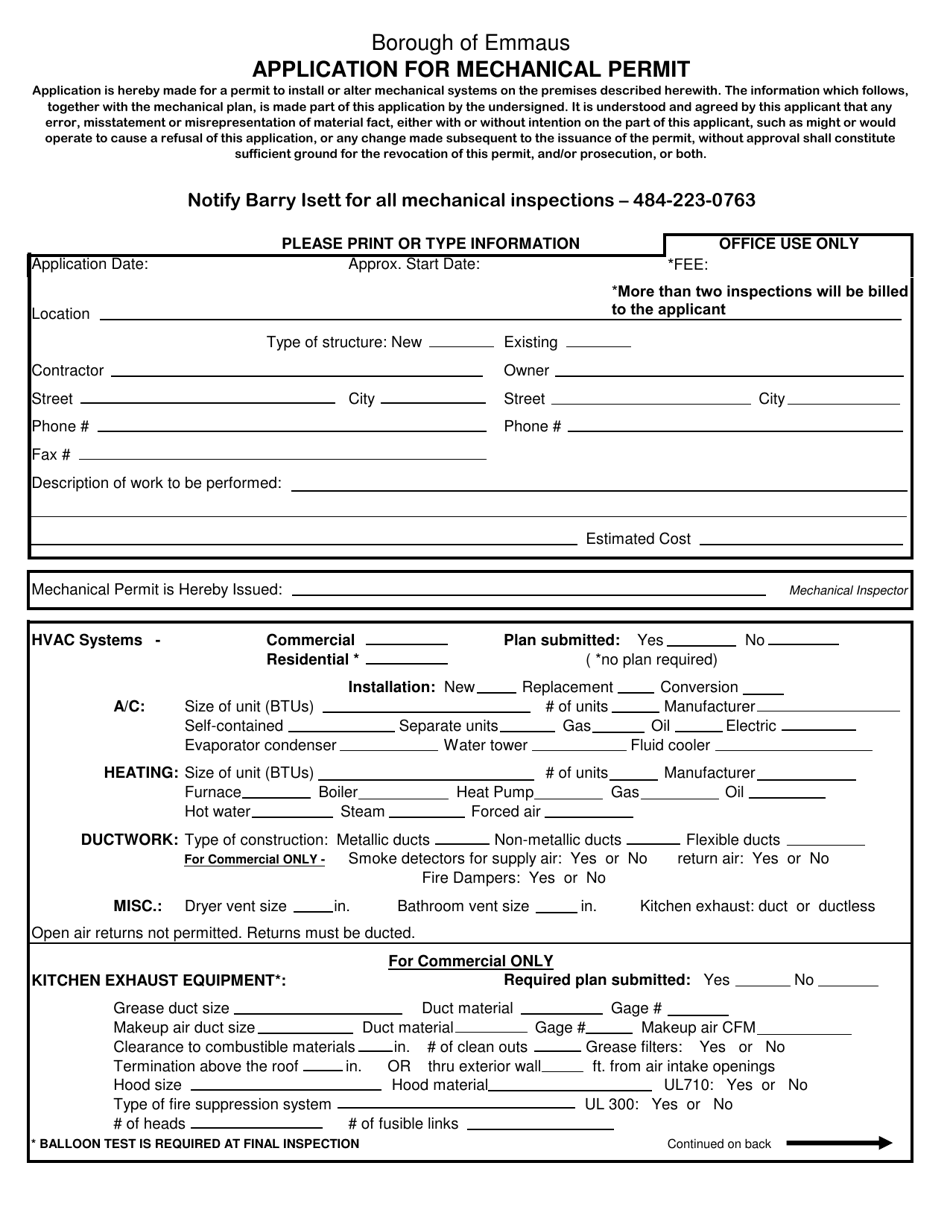 Application for Mechanical Permit - Borough of Emmaus, Pennsylvania, Page 1