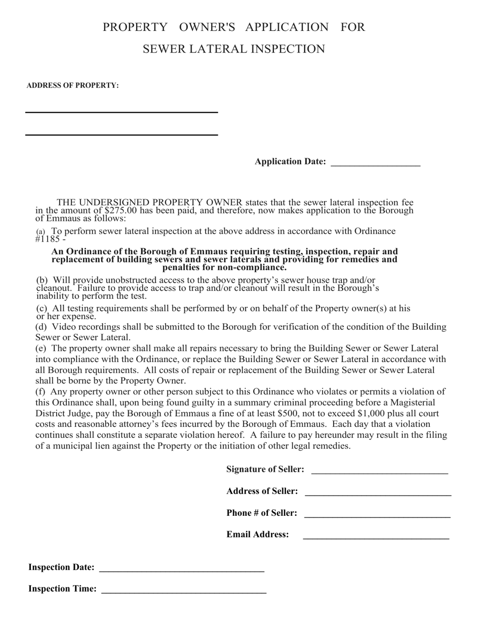 Property Owners Application for Sewer Lateral Inspection - Borough of Emmaus, Pennsylvania, Page 1