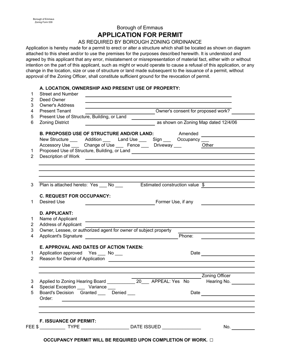 Form 539 Application for Zoning / Building Permit - Borough of Emmaus, Pennsylvania, Page 1