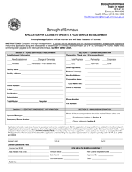 Document preview: Application for License to Operate a Food Service Establishment - Borough of Emmaus, Pennsylvania