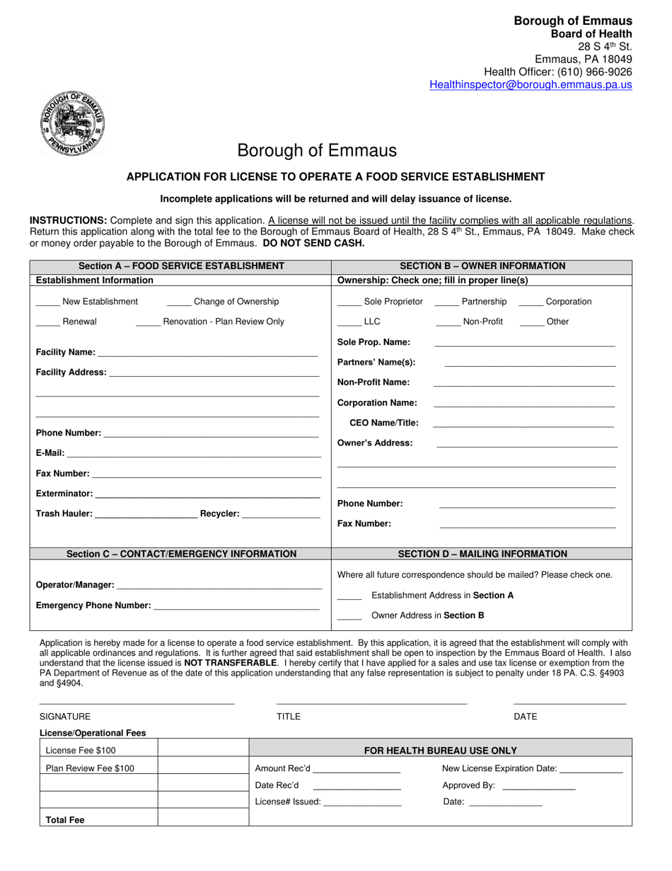 Application for License to Operate a Food Service Establishment - Borough of Emmaus, Pennsylvania, Page 1