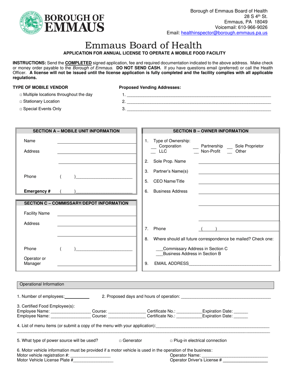 Application for Annual License to Operate a Mobile Food Facility - Borough of Emmaus, Pennsylvania, Page 1